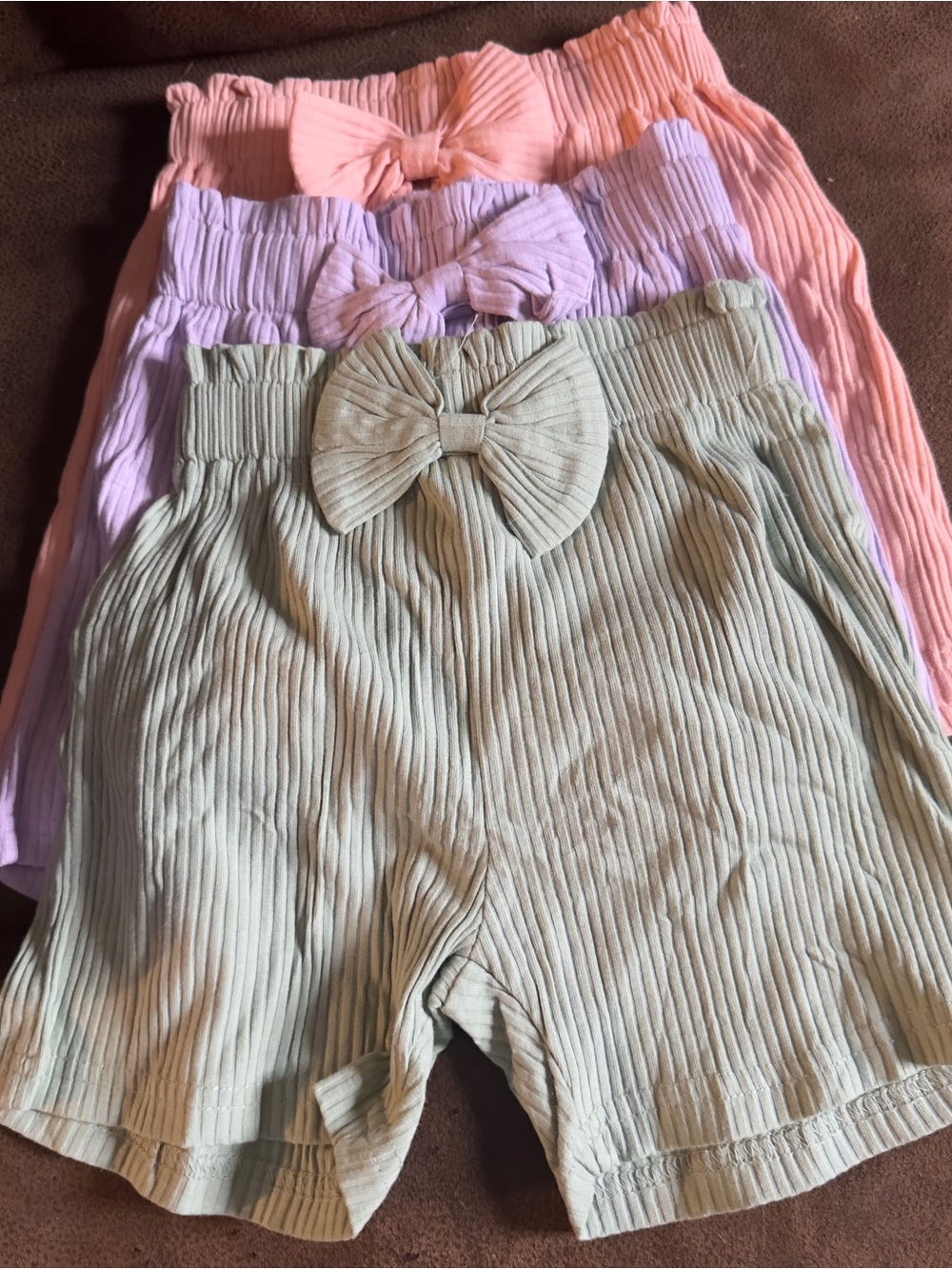 Kids Ribbed Bow-Front Shorts - Pink, Lavender, Cream